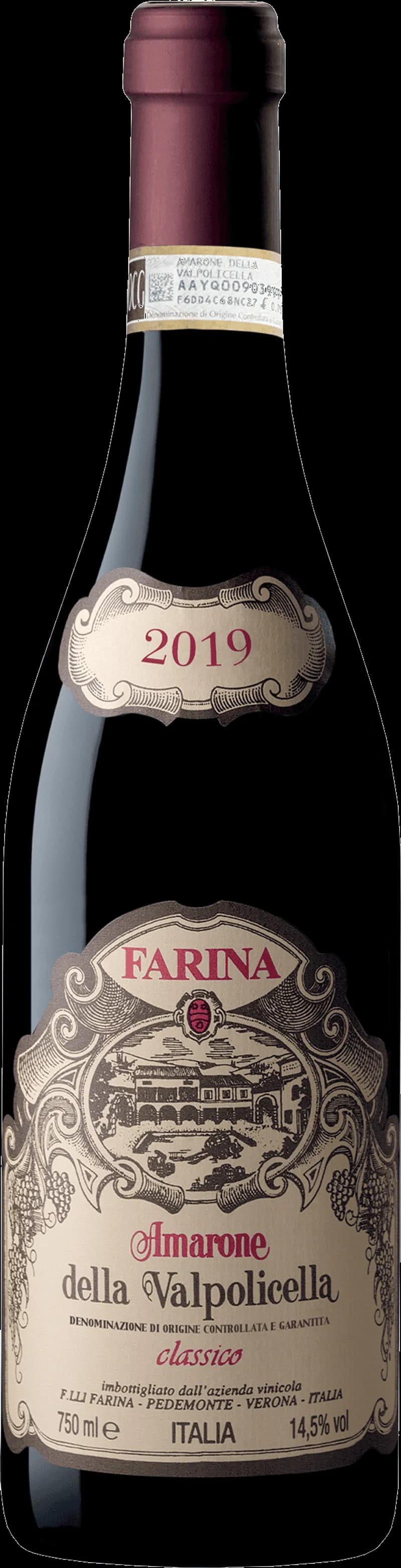 Flaska med Farina rött vin på ett bord