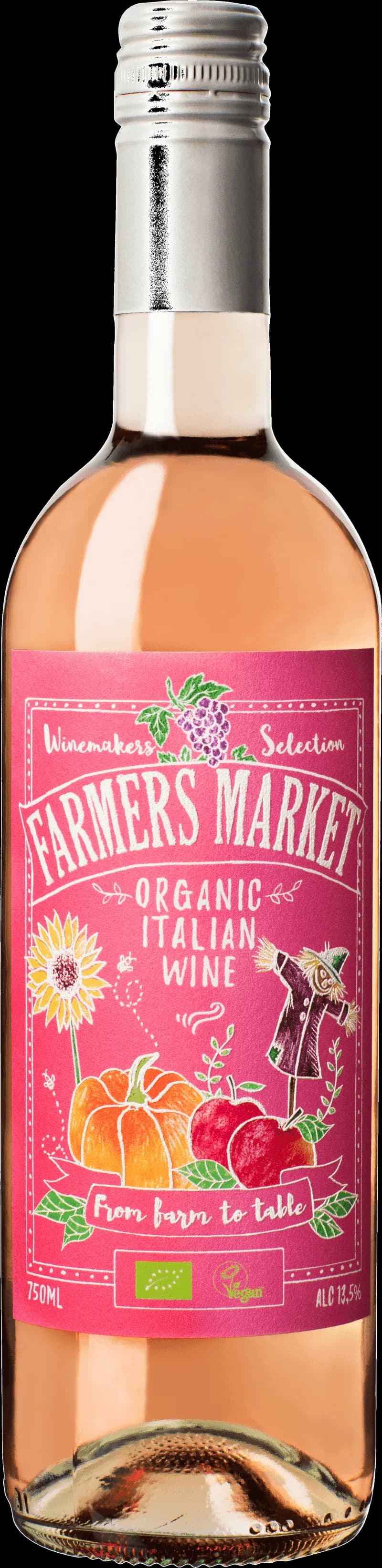 Flaskor med rosévin på en bondemarknad omgiven av grönsaker och blommor.