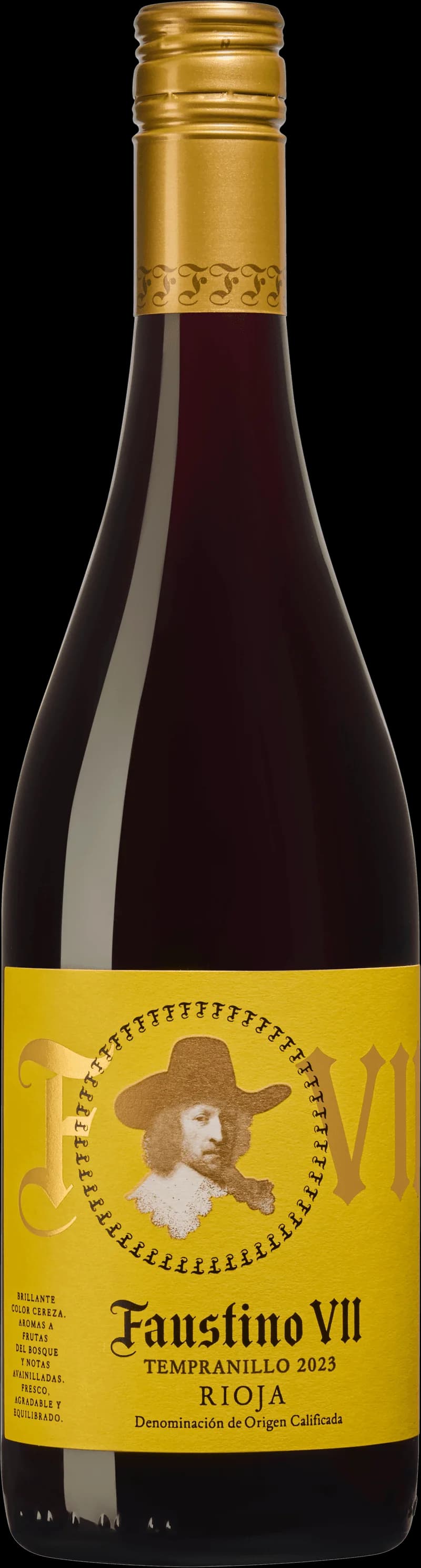 Flaska av Faustino VII rött vin mot neutral bakgrund.