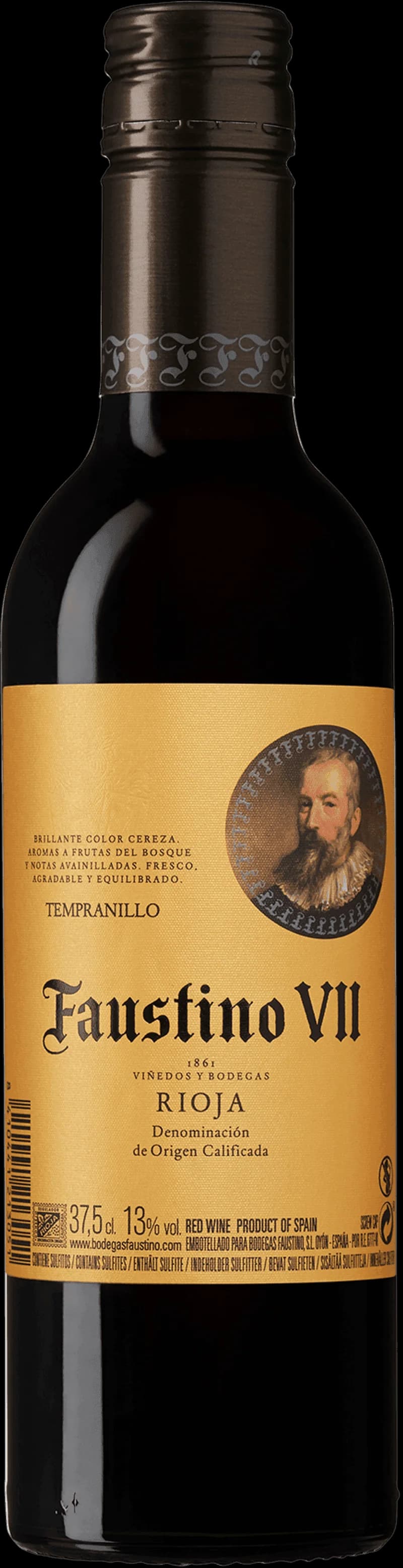 Flaska av Faustino VII rött vin mot ljus bakgrund.