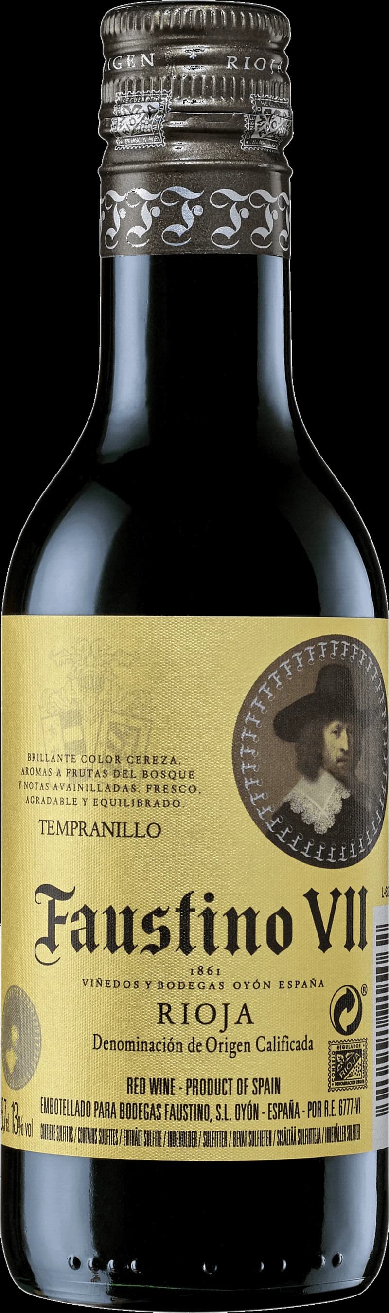 Flaska av Faustino VII rött vin mot neutral bakgrund.