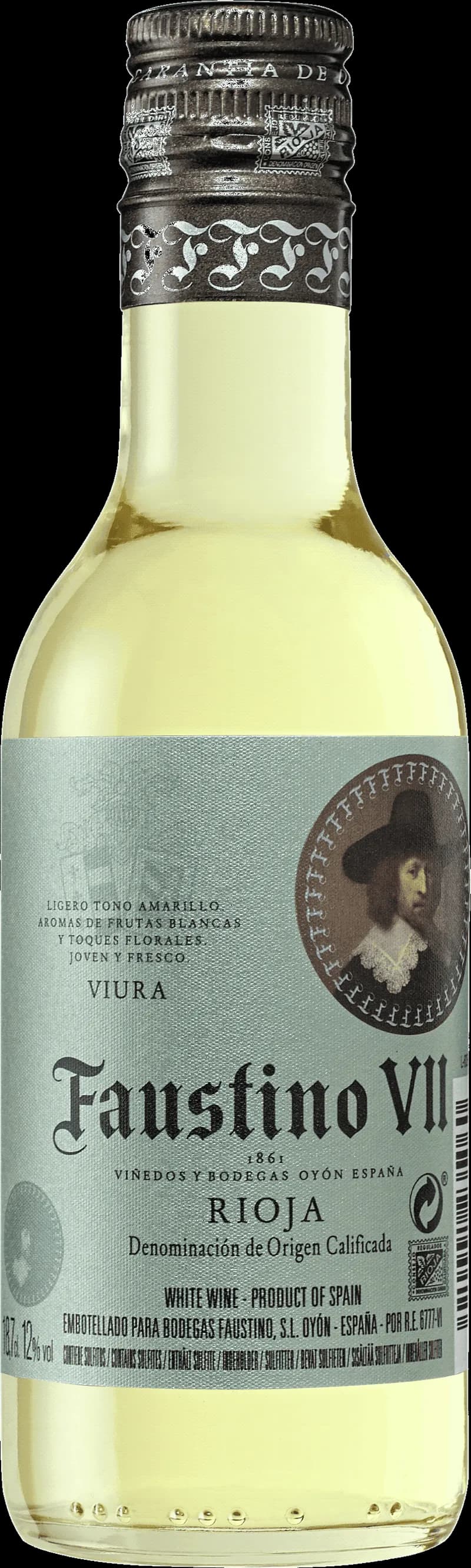 Flaska Faustino VII vitt vin mot ljus bakgrund