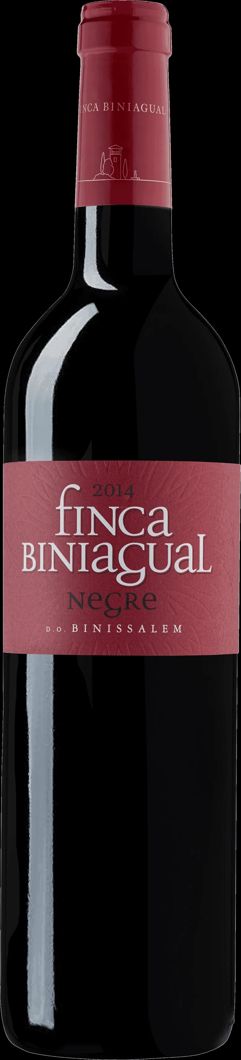 Flaska av rött vin från Finca Biniagual på en bordsservering.