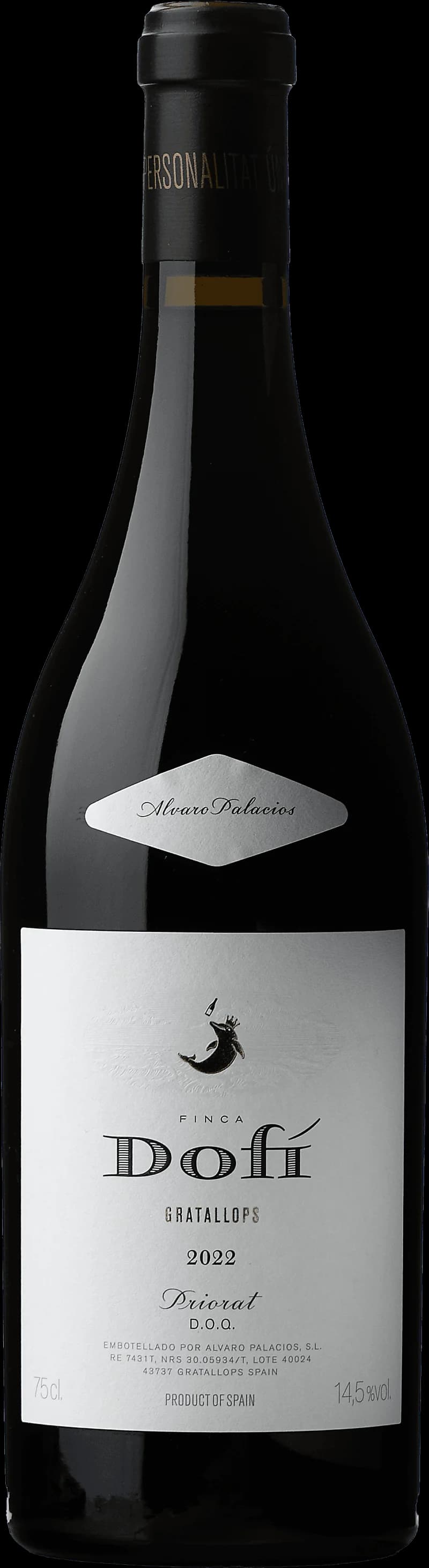 Flasksida av Finca DOF rött vin mot ljus bakgrund.