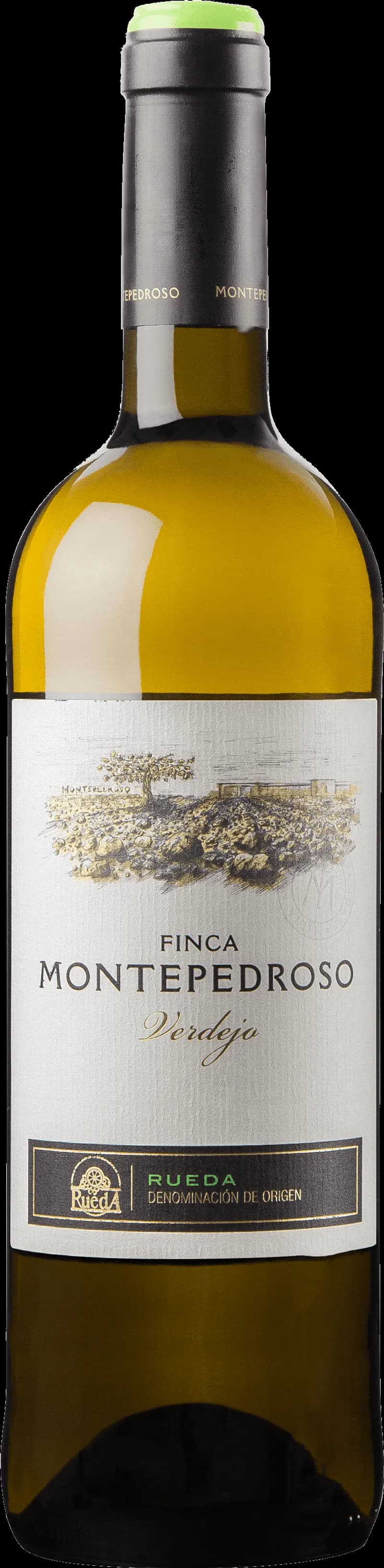 Finca Montepedroso vitt vin i ett glas mot en ljus bakgrund