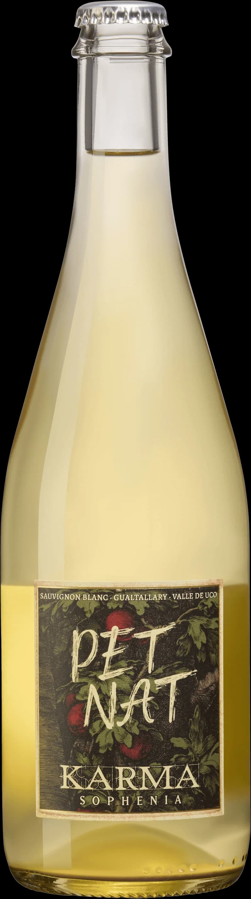 Flaska med Finca Sophenia mousserande vin mot en neutral bakgrund.