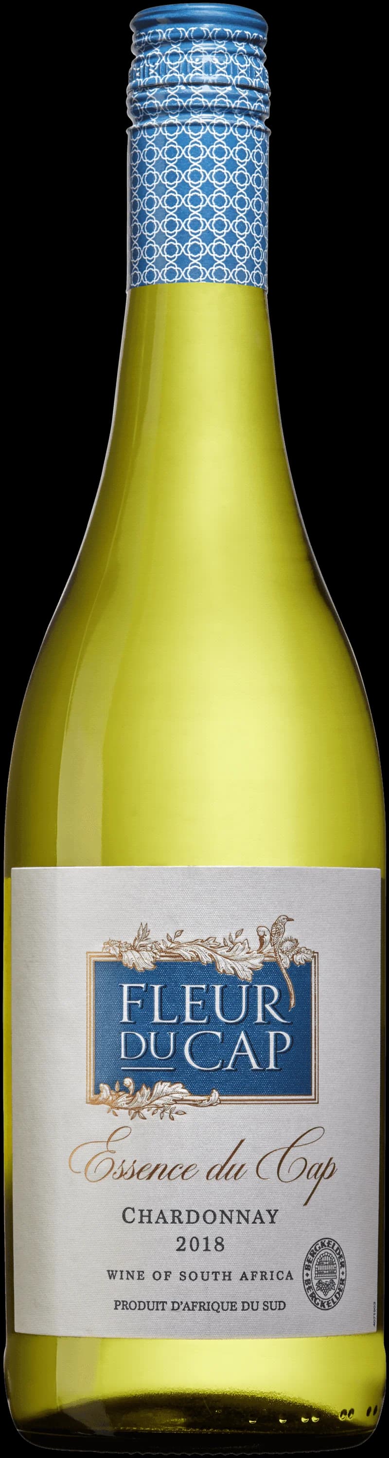 Fleur du Cap vitt vin 2015, en flaska med etikett mot ljus bakgrund.