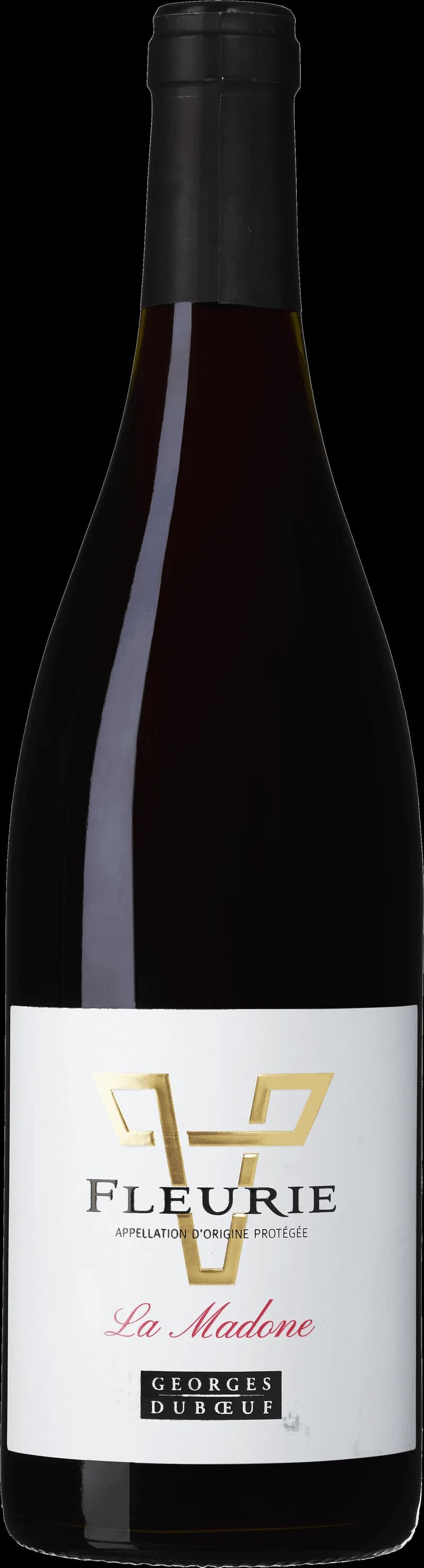 Fleurie rött vin i ett vinglas mot en mörk bakgrund