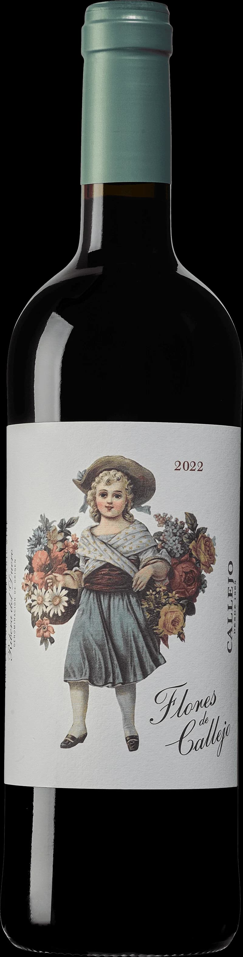 Flaska av rött vin Flores de Callejo mot en mörk bakgrund.