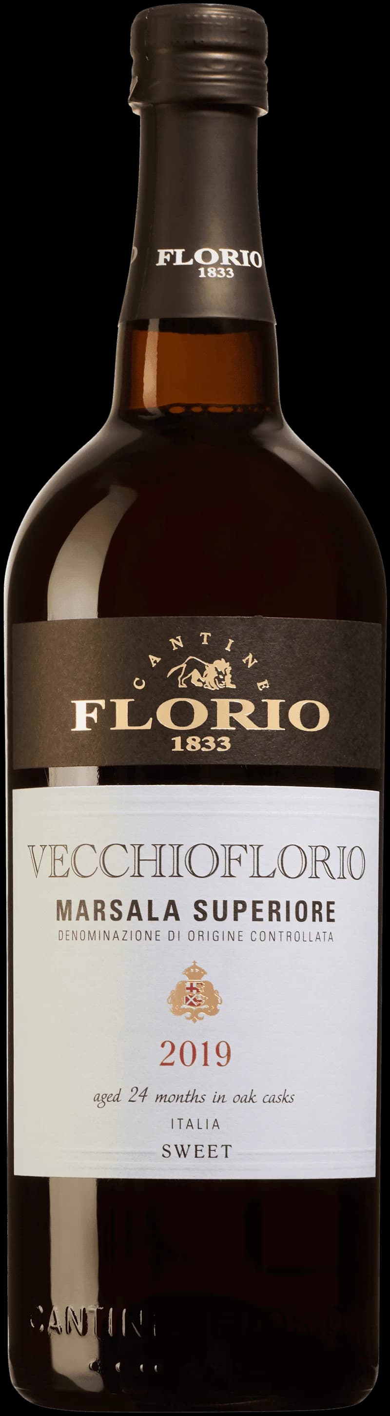 Florio starkvin, en flaska med etikett mot en mörk bakgrund.