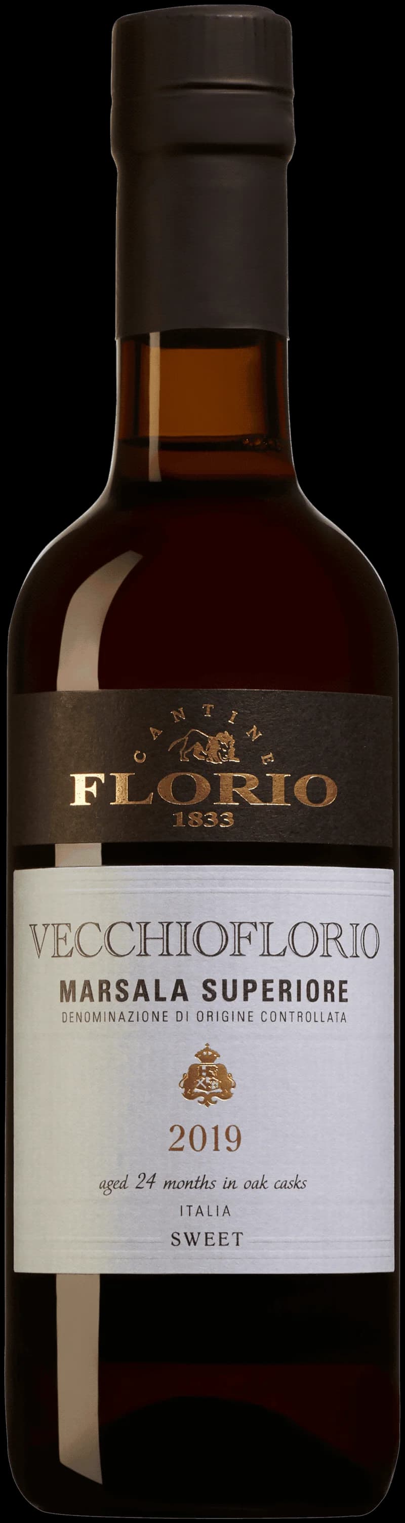 Florio starkvin i en elegant flaska mot en mörk bakgrund.