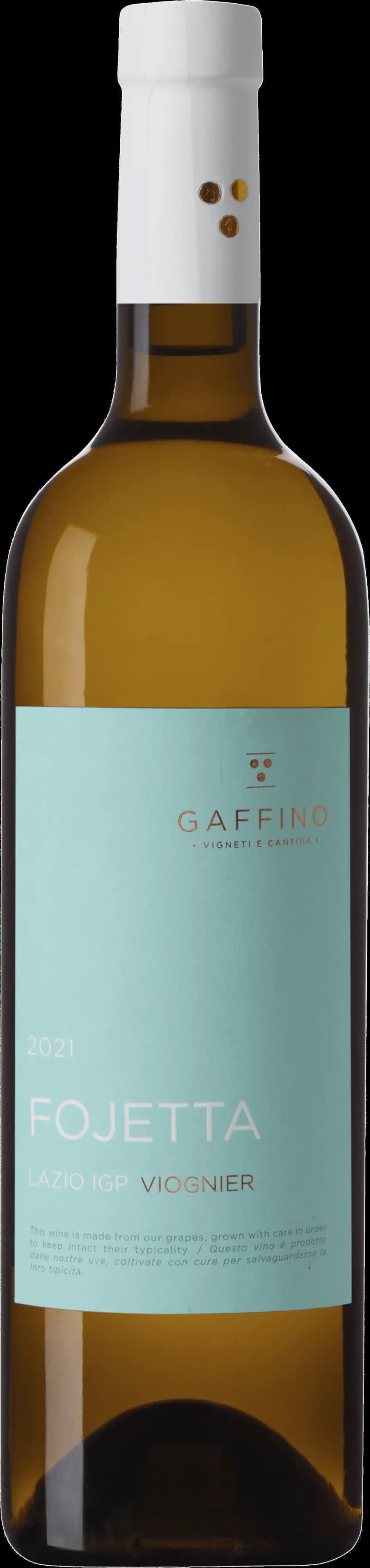 Flaska med vitt vin från Fojetta på en ljus bakgrund.