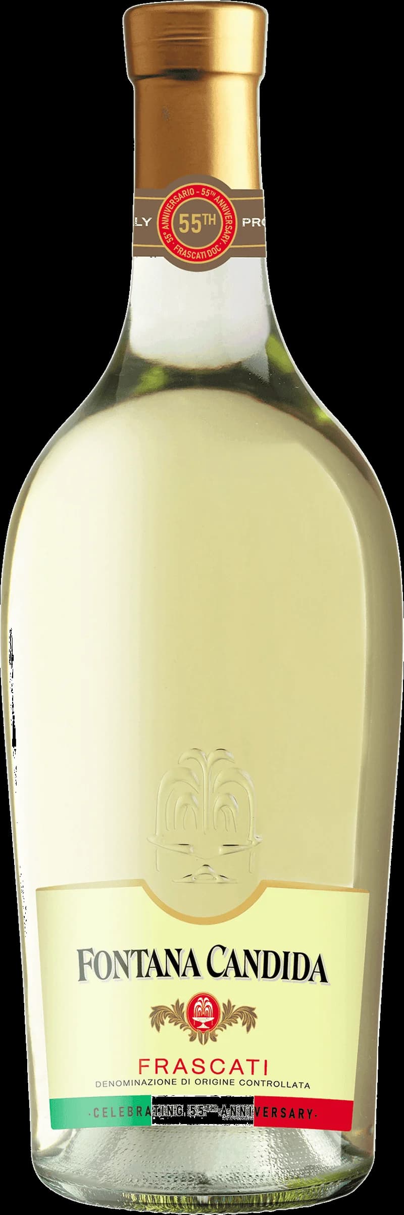 Flaska Fontana Candida vitt vin mot ljus bakgrund