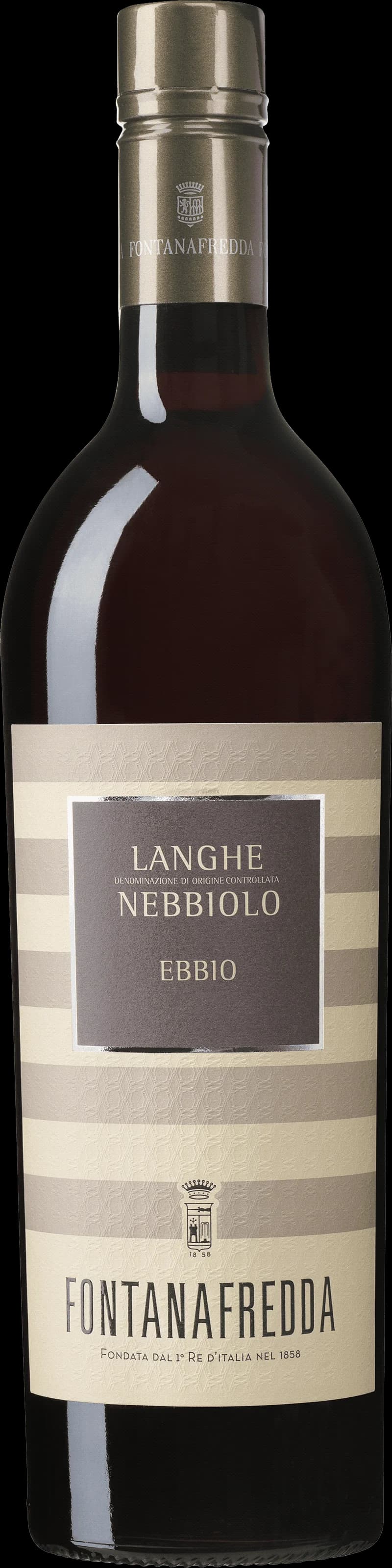 Fontanafredda Ebbio rött vin i en flaska på en bordduk.