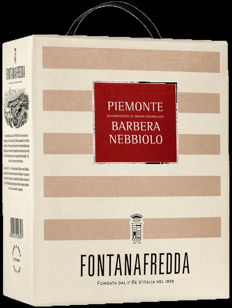 Flaska med Fontanafredda rött vin mot neutral bakgrund