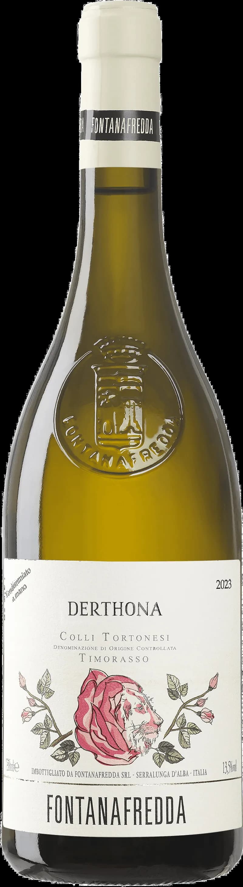 Fontanafredda vitt vin, en flaska med etikett mot en neutral bakgrund.