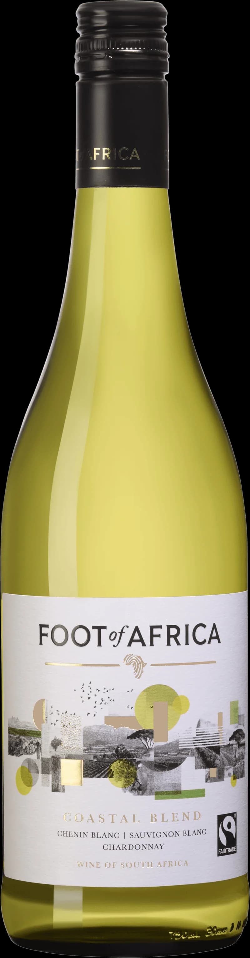 Flaska och glas med vitt vin från Foot of Africa, serverat på en ljus yta.