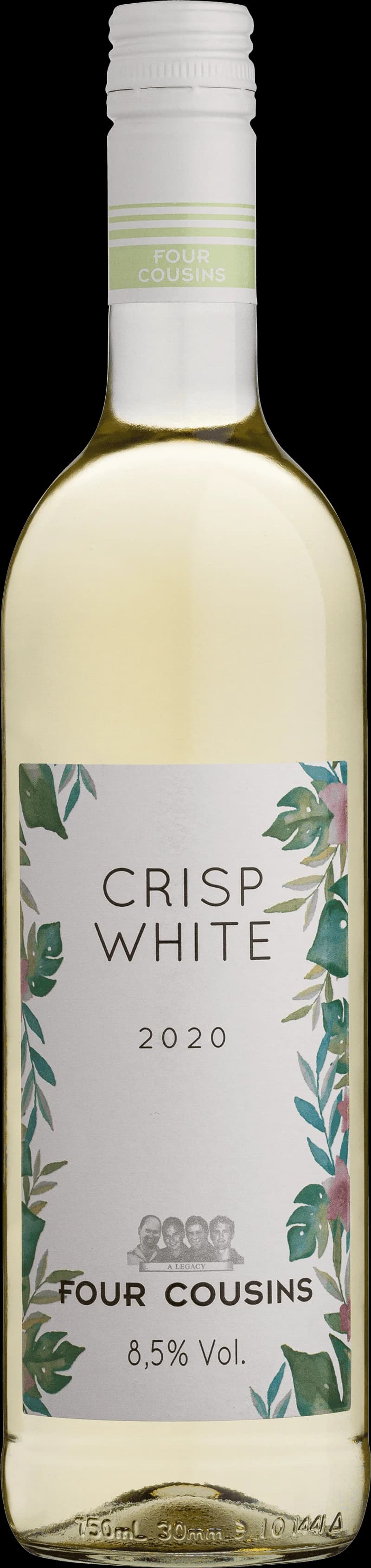 Flaska Four Cousins vitt vin på vit bakgrund.