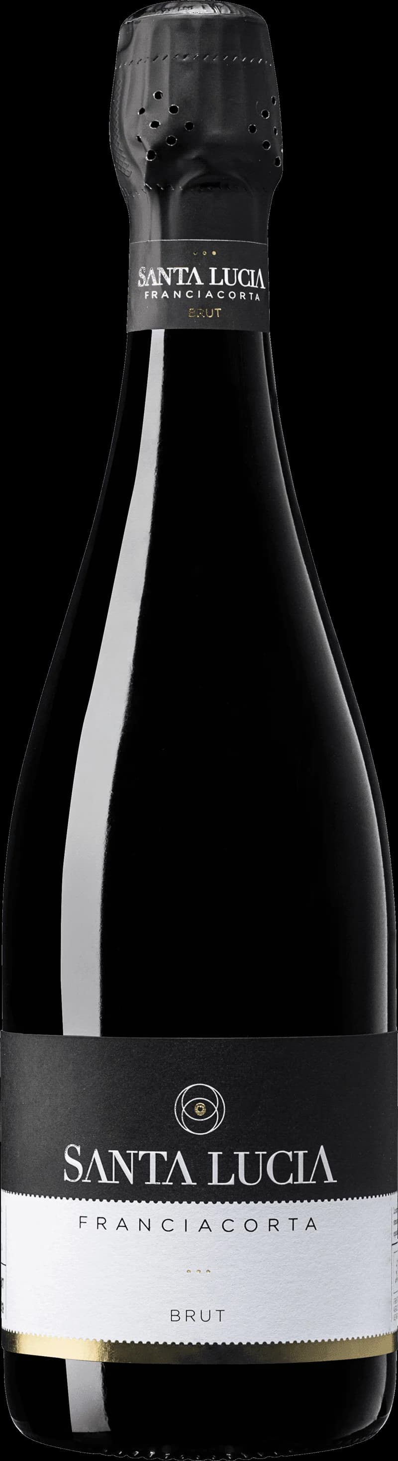 Flaska Franciacorta brut mousserande vin med etikett och glas i bakgrunden.