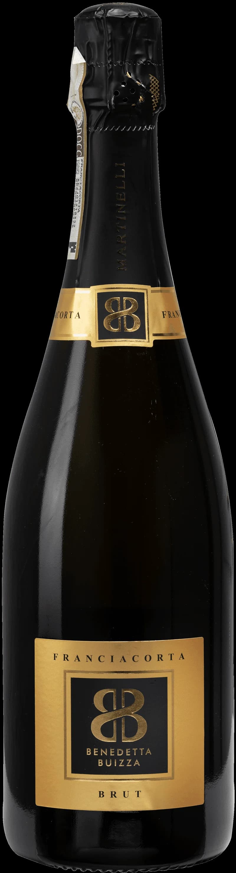 Flaska Franciacorta Brut mousserande vin mot ljus bakgrund