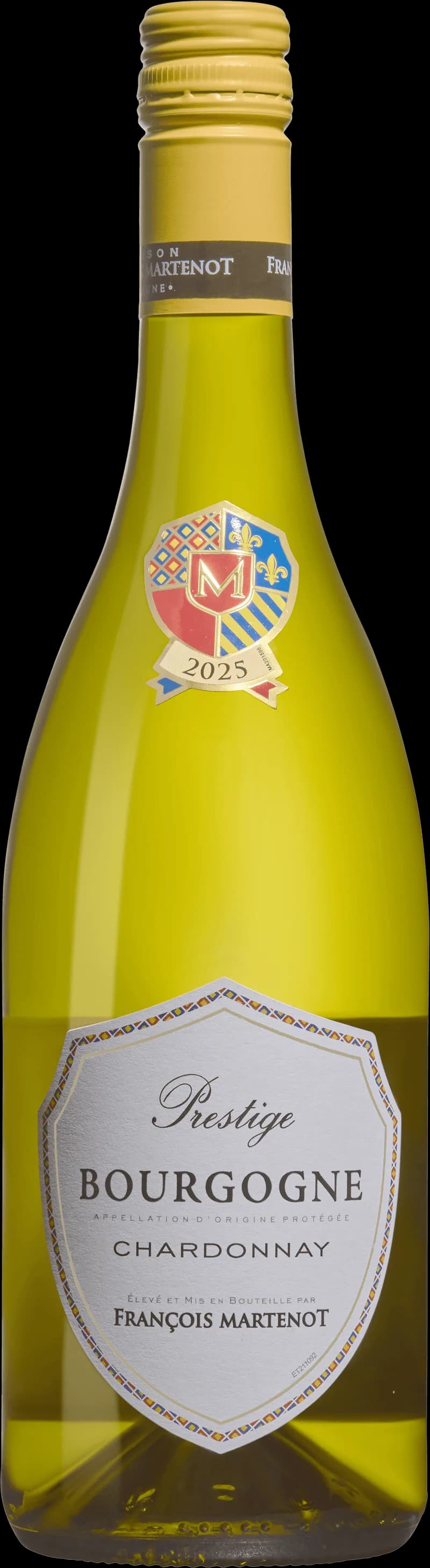 Flaska av François Martenot vitt vin mot ljus bakgrund