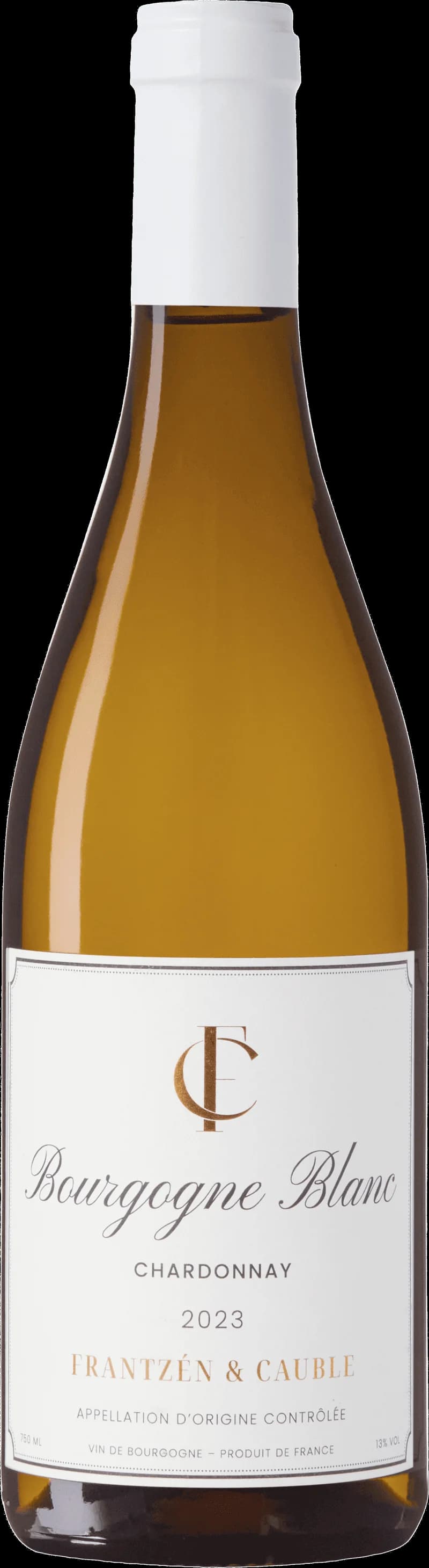 Frantzéns cauble vita vin i ett vinglas mot en mörk bakgrund.