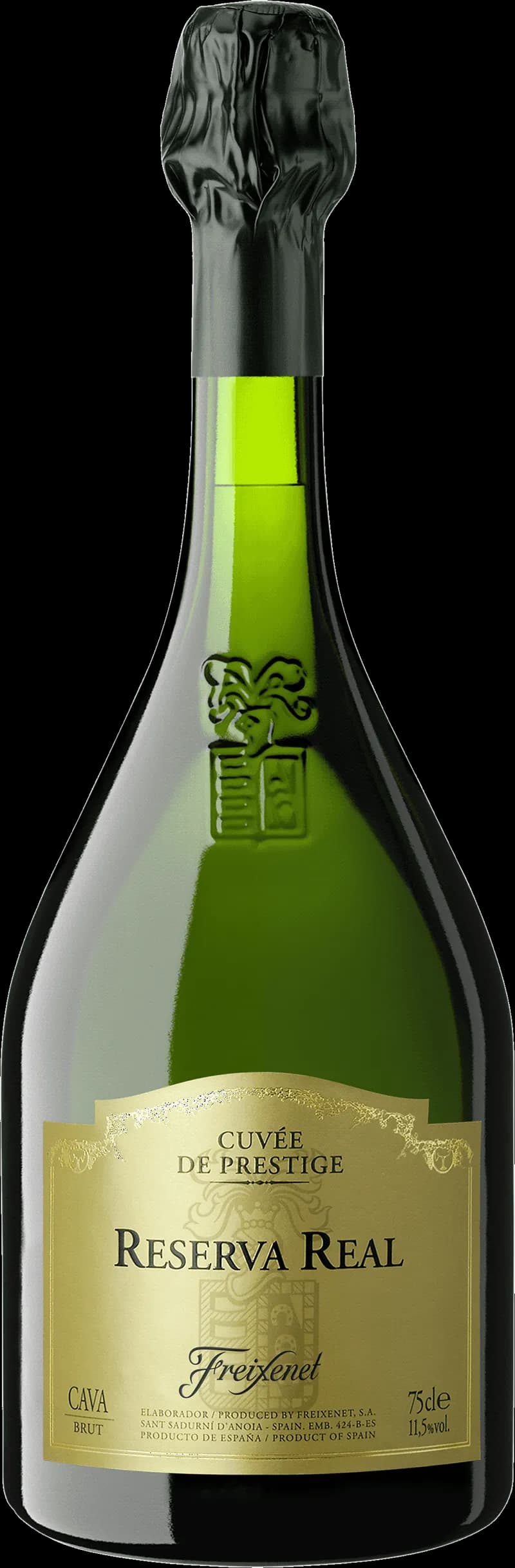 Flaska med Freixenet mousserande vin mot en mörk bakgrund.