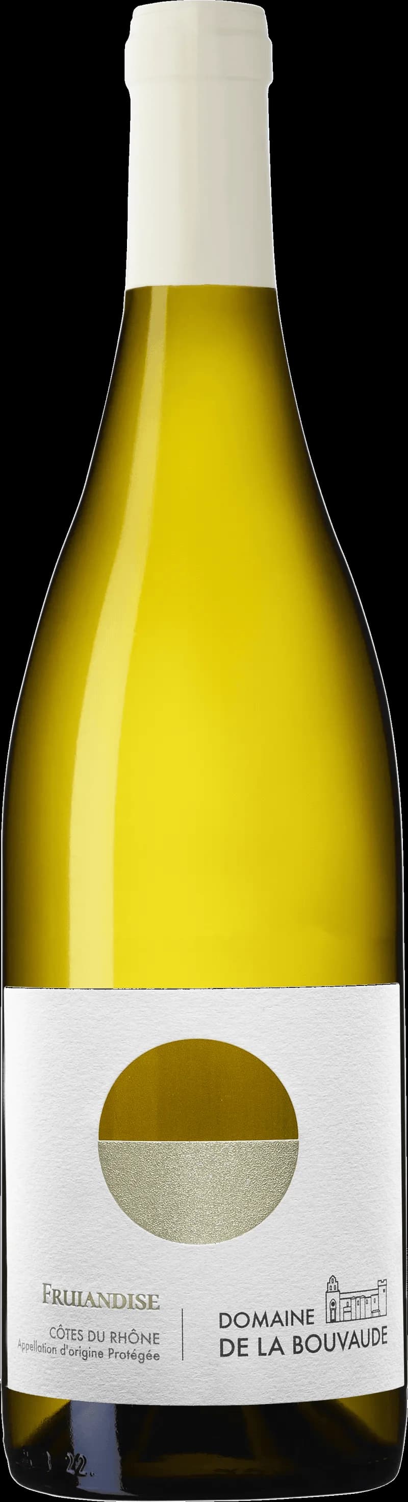 Flaska av Fruiandise Blanc vitt vin mot en ljus bakgrund.