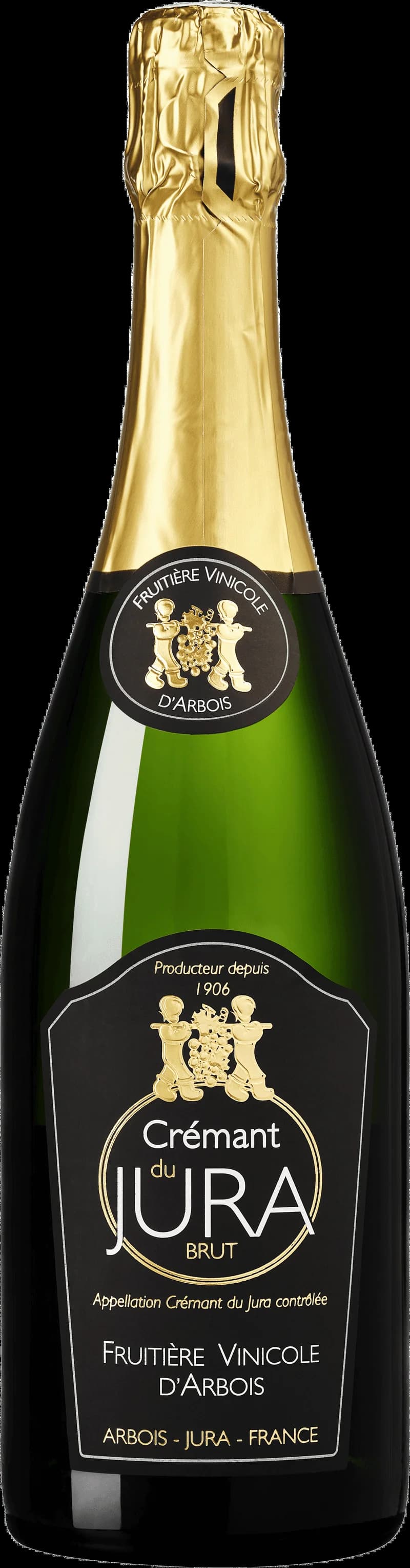 Flaska med mousserande vin från Fruitière Vinicole d'Arbois, en kooperativ vingård i Jura, Frankrike.