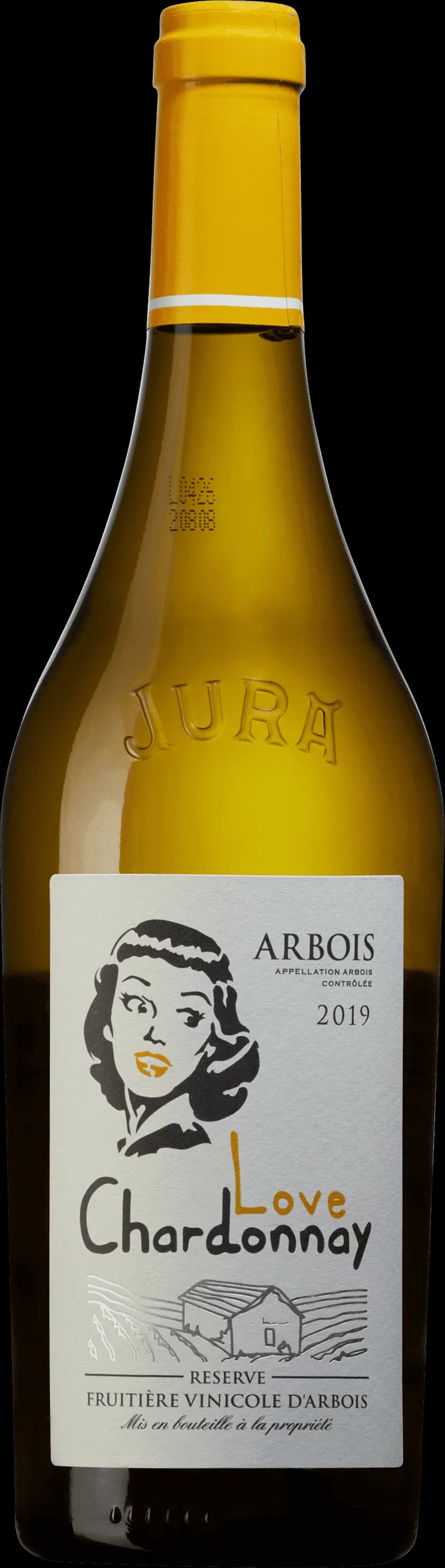 Flaska vitt vin från Fruitière Vinicole d'Arbois mot ljus bakgrund