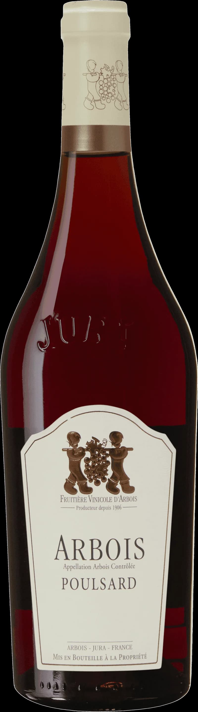 Flaska rött vin från Fruitière Vinicole d'Arbois, en kooperativ vingård i Jura, Frankrike.