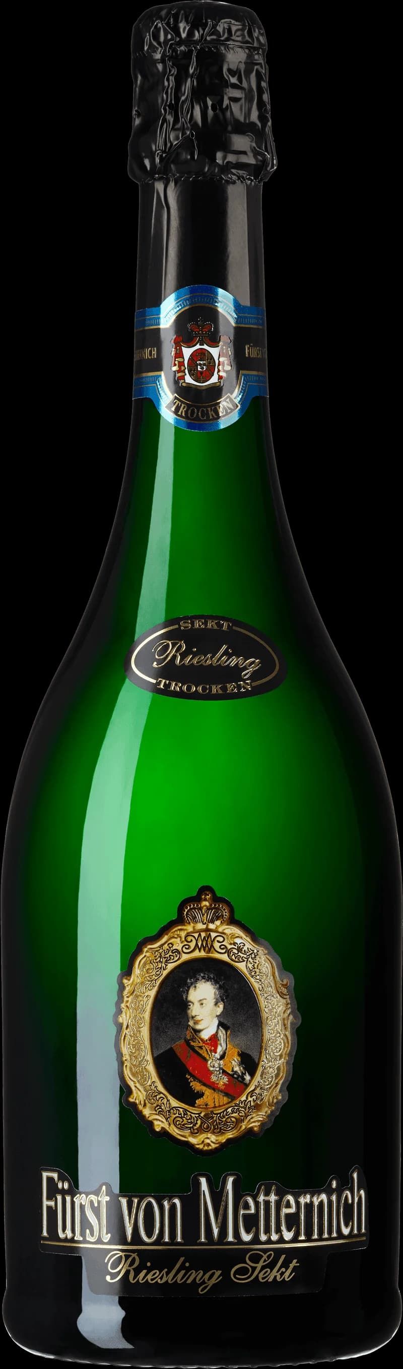 Flaska av Furst von Metternich mousserande vin mot en mörk bakgrund.