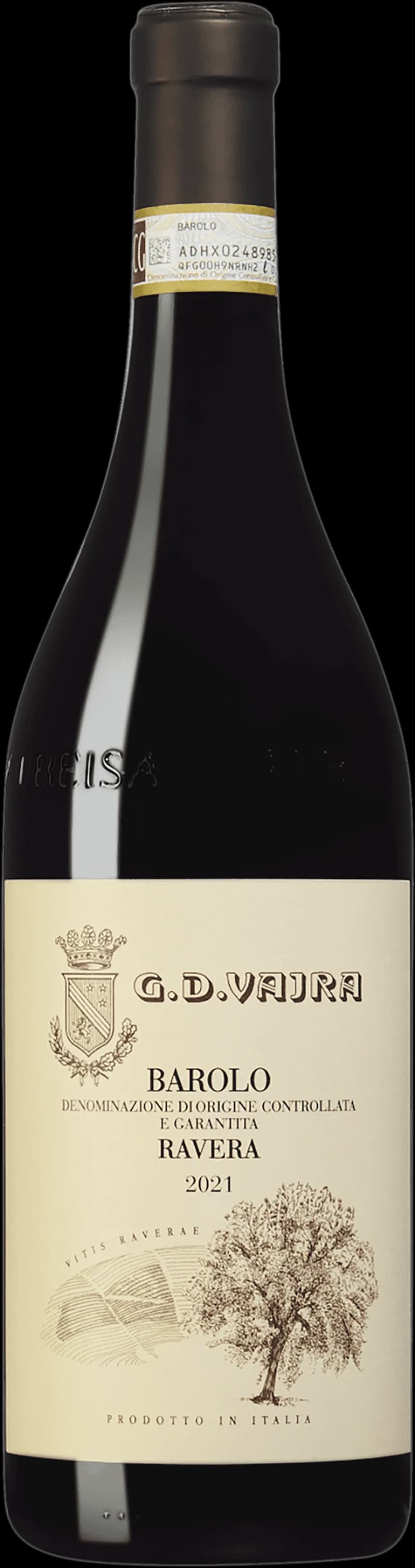 Flaska med G.D. Vajra rött vin mot mörk bakgrund