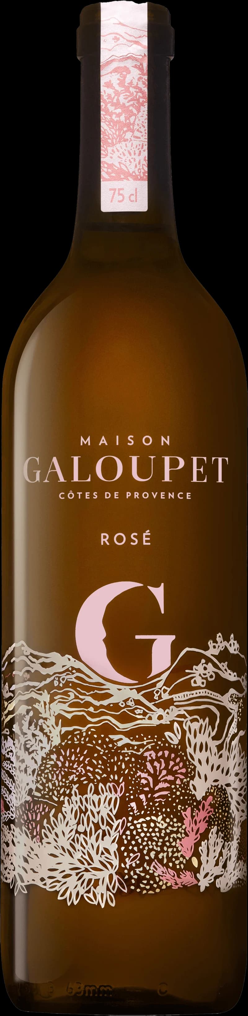 Flaska med G de Galoupet rosévin mot ljus bakgrund.