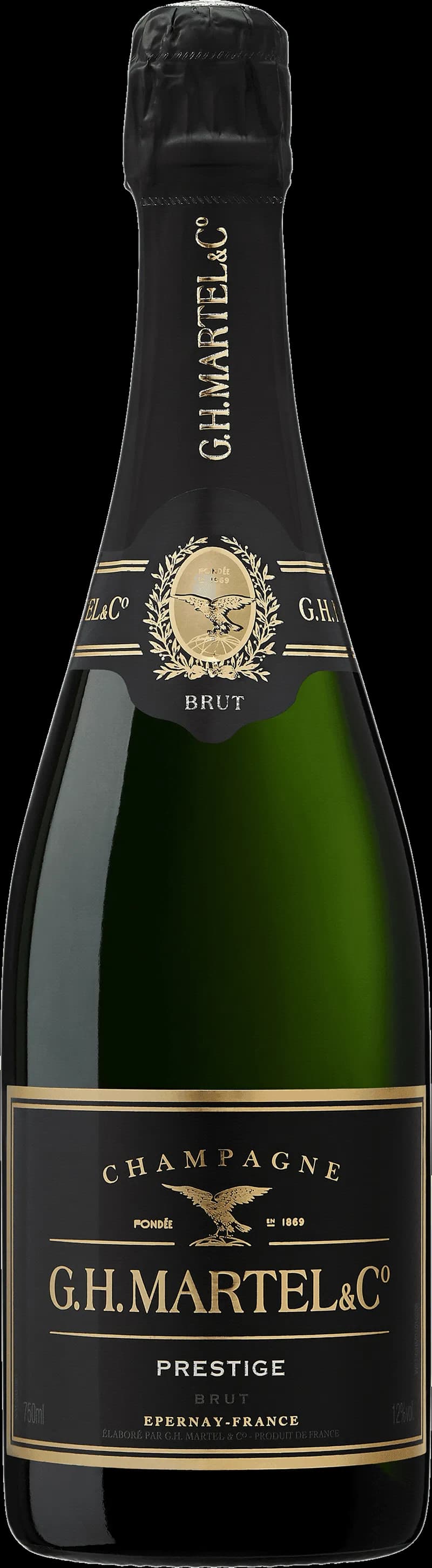 Flaska av G.H. Martel mousserande vin mot ljus bakgrund.