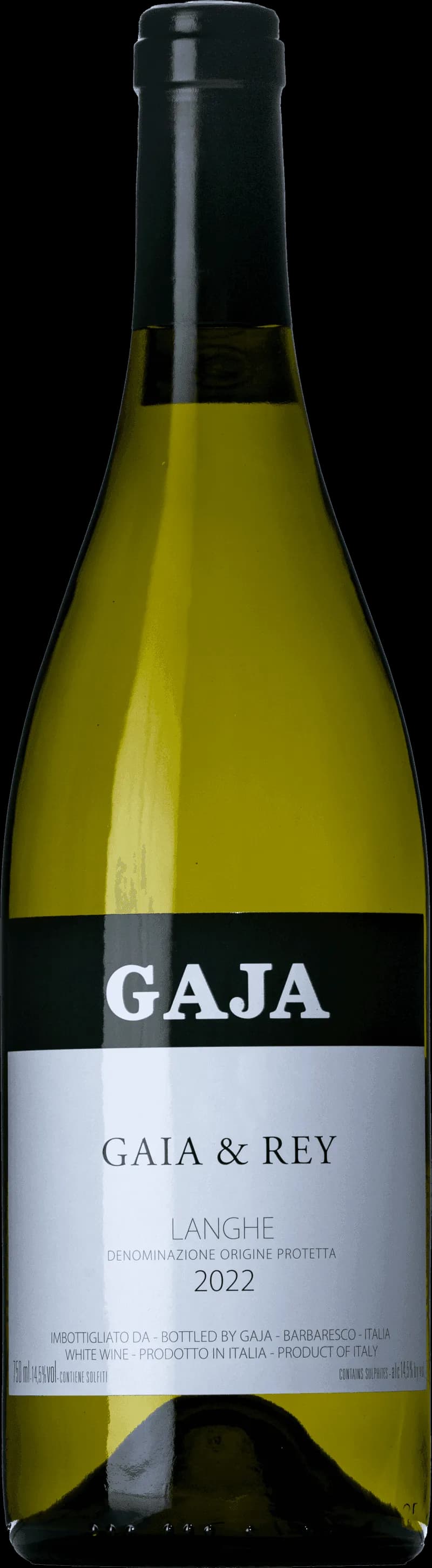 Flaska av Gaia Rey vitt vin mot ljus bakgrund.