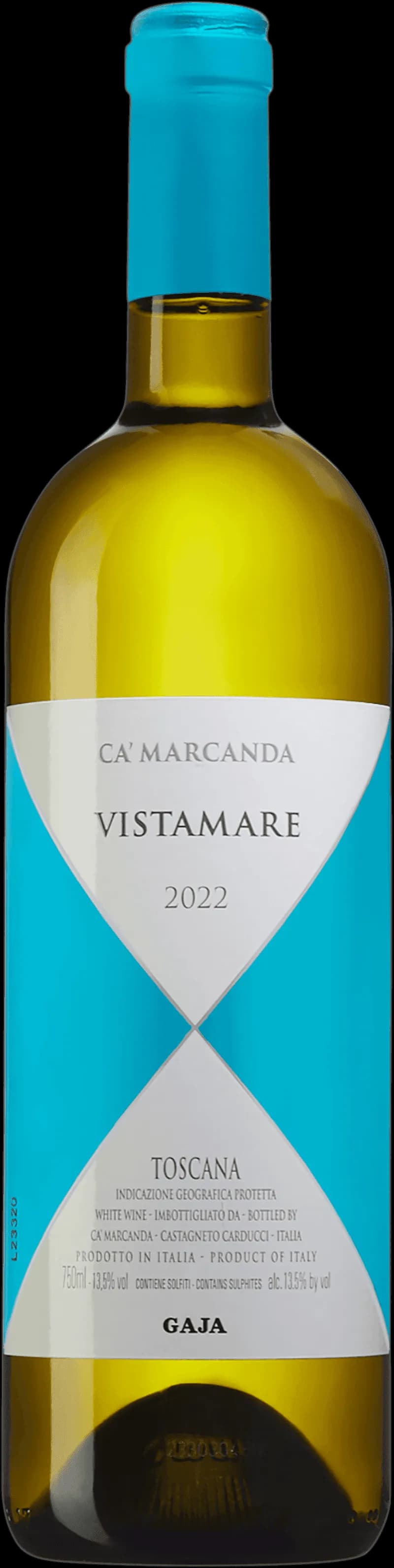 Flaska av Gaja Ca' Marcanda vitt vin på bordet.