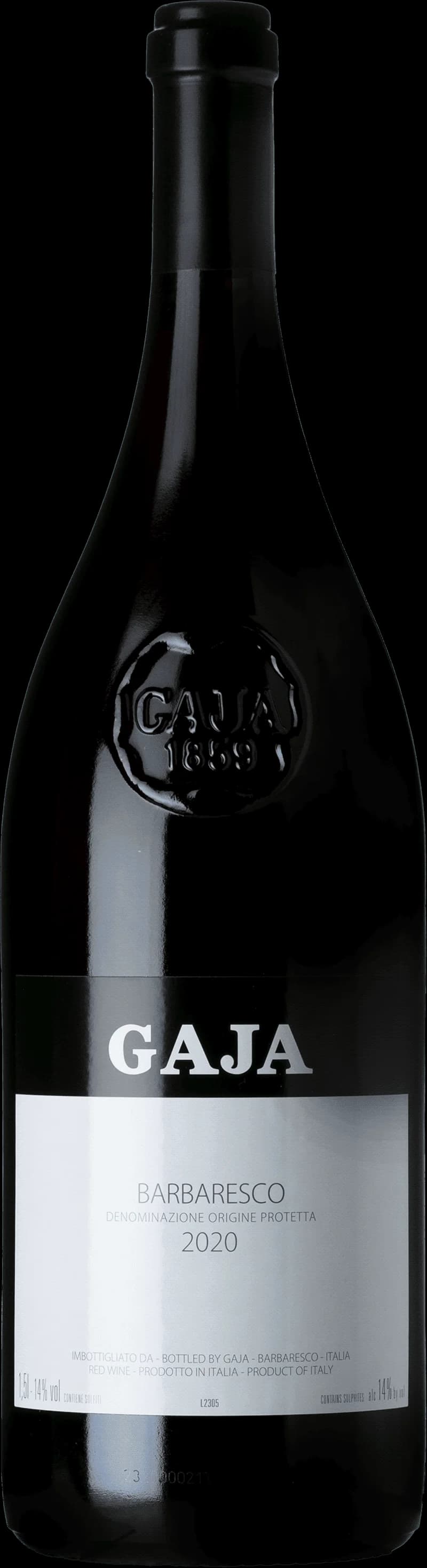 Flaska av rött vin från Gaja på en bordsservering.