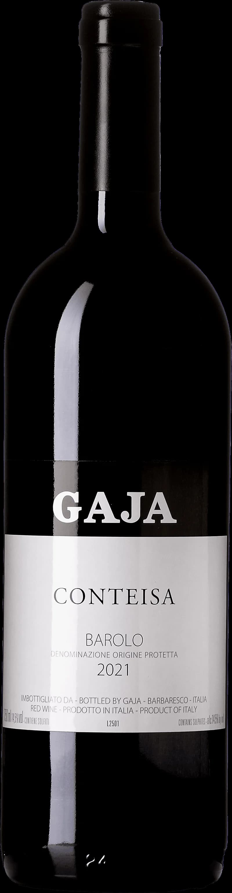 Flaska av rött vin från Gaja på en bordsservering.