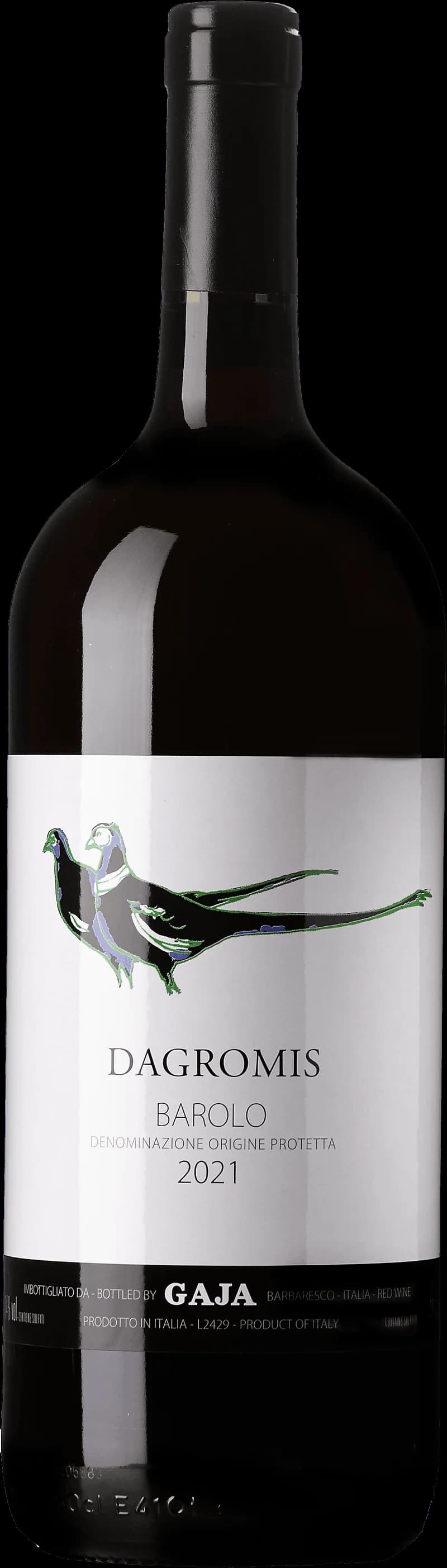 Flaska av rött vin från Gaja på en mörk bakgrund.