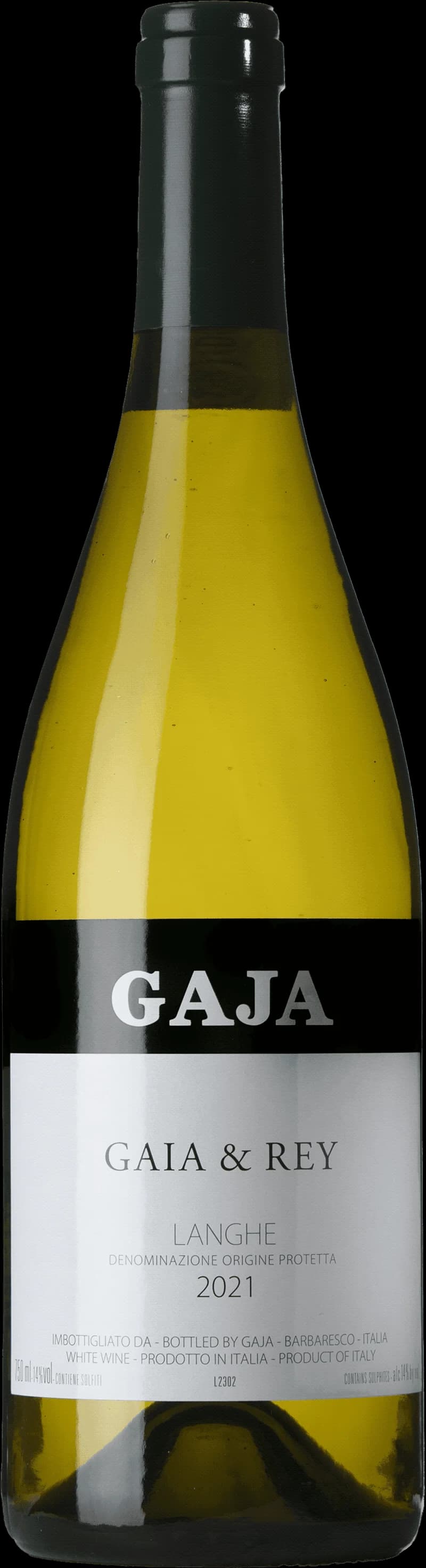 Flaska av Gaja vitt vin mot en neutral bakgrund.