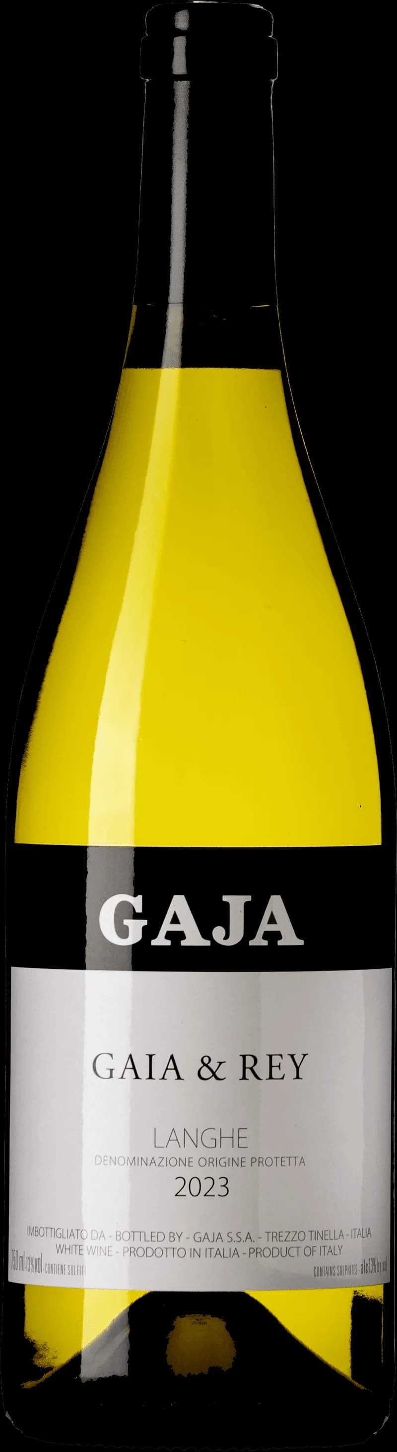 Flaska av Gaja vitt vin mot en neutral bakgrund.