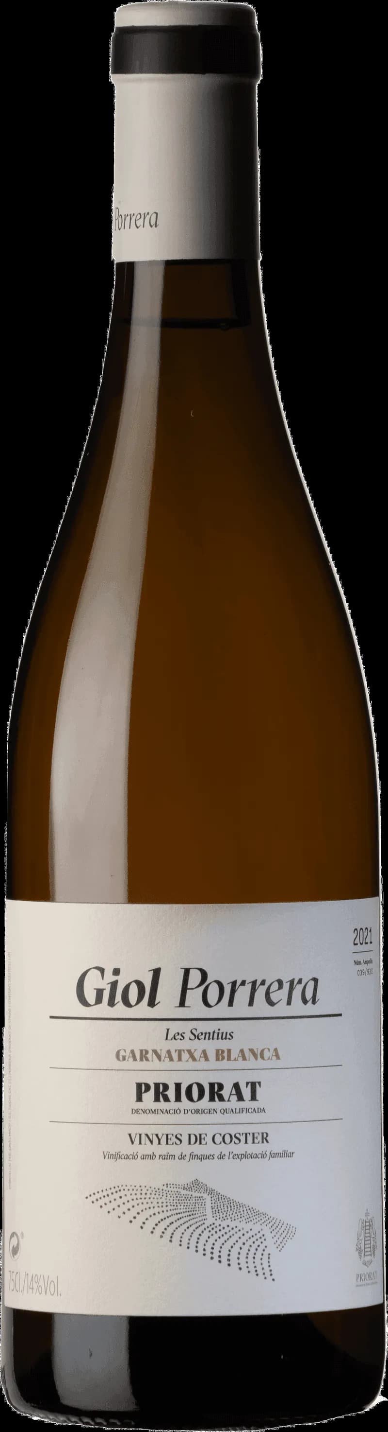Flaska och glas med vitt vin från druvan Garnatxa Blanca.