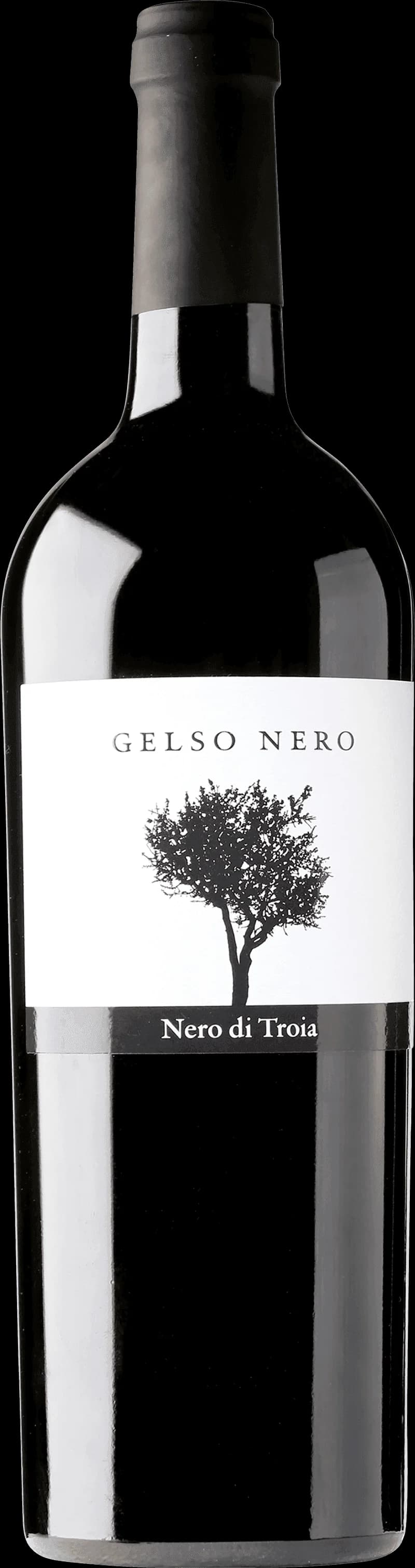 Flaska med Gelso Nero rött vin mot mörk bakgrund