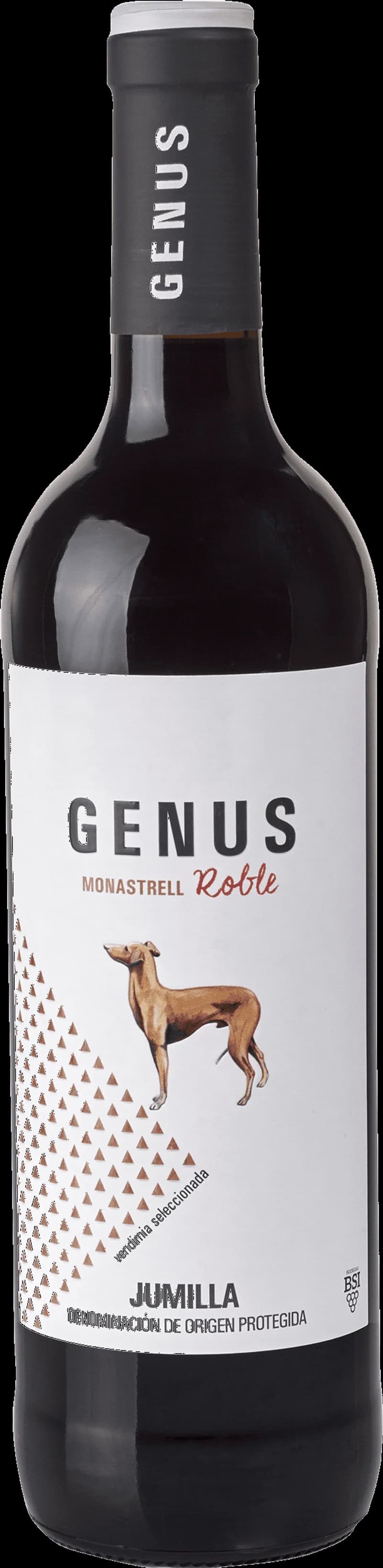 Flaska av rött vin från Genus Roble på en bordsservering.
