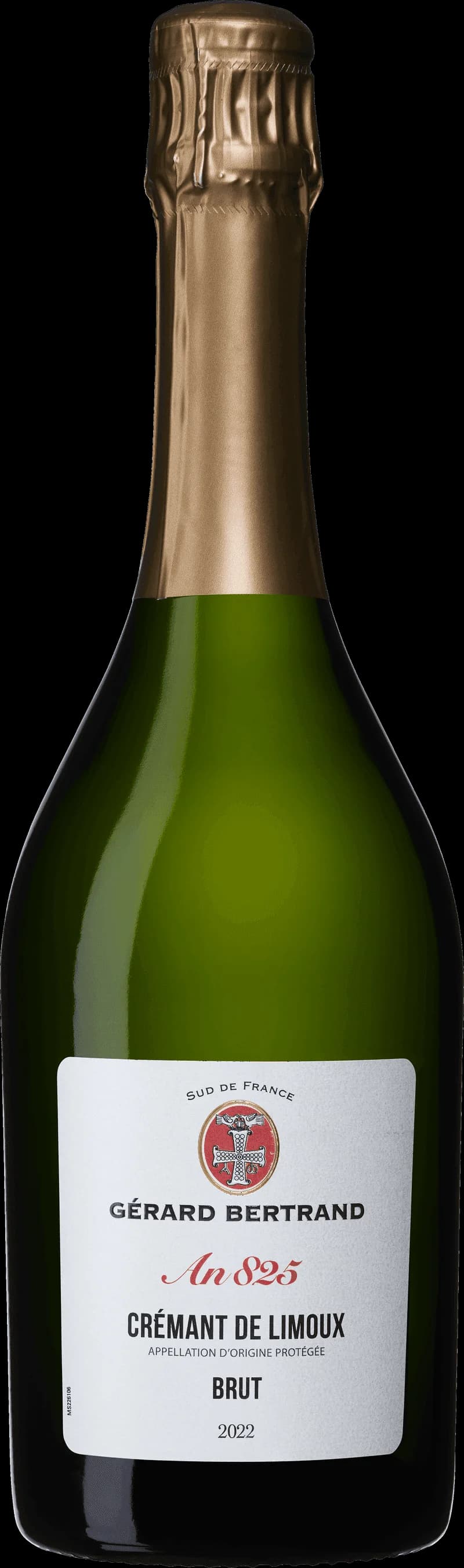 Flaska av Gérard Bertrand mousserande vin mot en mörk bakgrund.