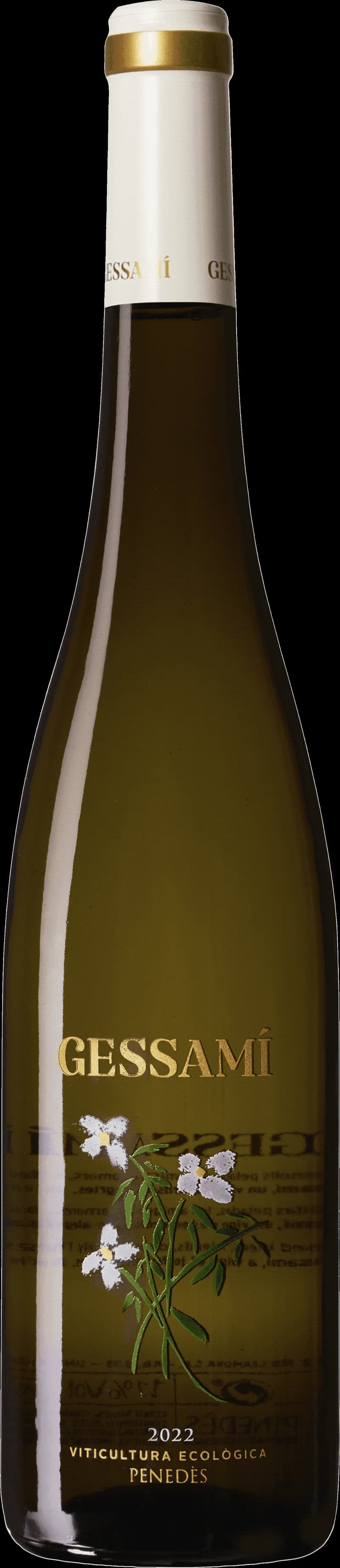 Flaska med Gessami vitt vin på en ljus bakgrund.