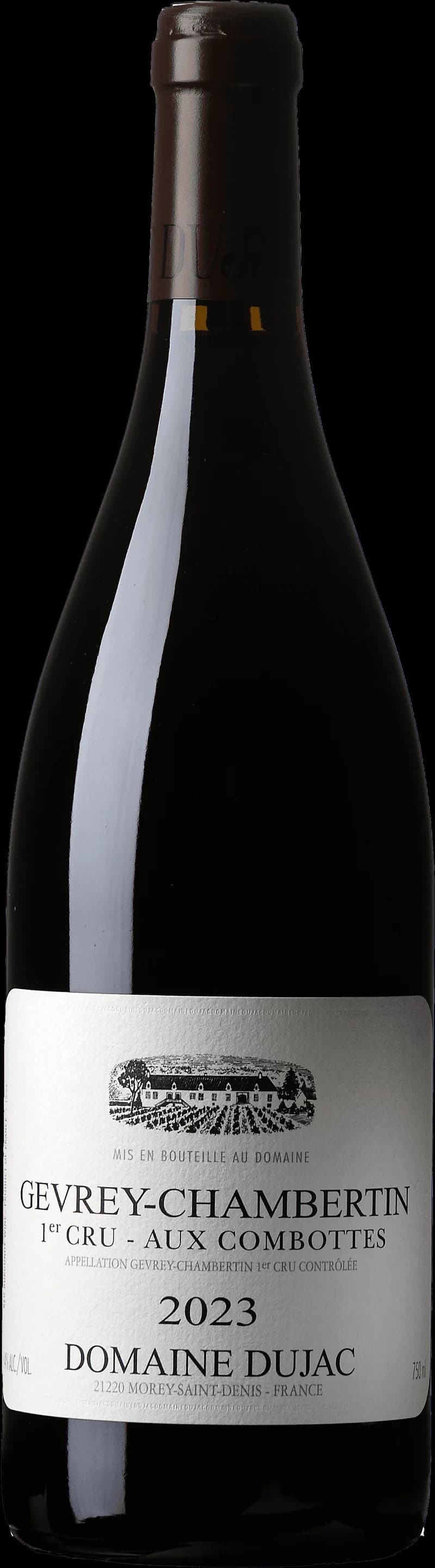 Flaska med Gevrey-Chambertin Premier Cru rött vin mot neutral bakgrund.
