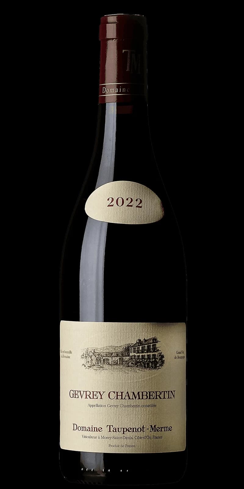 Flaska med rött vin från Gevrey-Chambertin, Bourgogne.