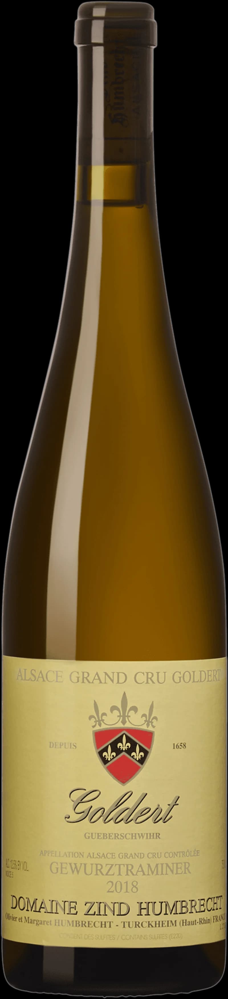 Flaska Gewurztraminer Goldert Grand Cru vitt vin från Alsace